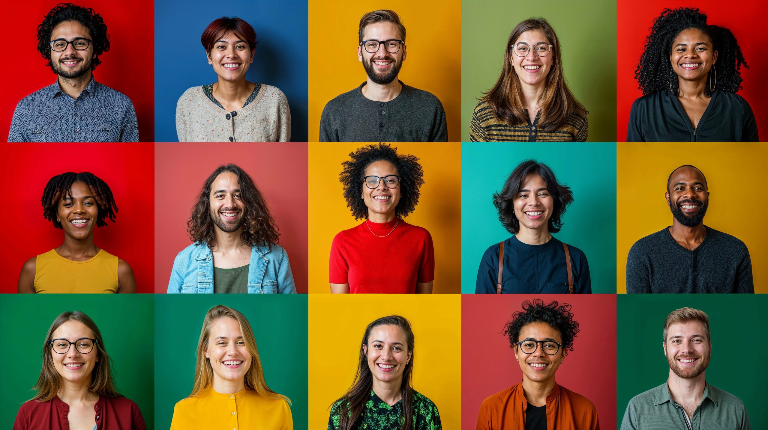 Collage de 15 personnes de diverses origine ethnique exprimant des émotions positives sur fond coloré